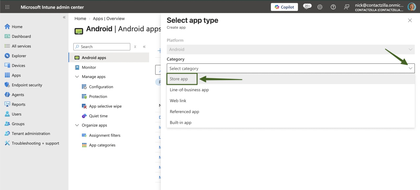 Intune Select app type panel with the Category dropdown open and Store app highlighted