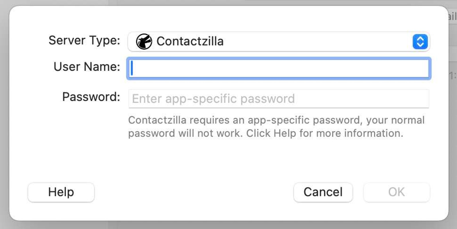 BusyContacts login dialog with ‘Server Type’ set to ContactZilla. The form includes fields for ‘User Name’ and ‘Password’ with a note explaining that an app-specific password is required. Buttons for ‘Help’, ‘Cancel’, and ‘OK’ appear along the bottom.