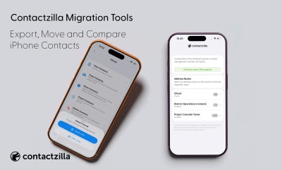 Contactzilla Migration Tools showing iPhone contact address books and options to export, move, compare and manage contacts.