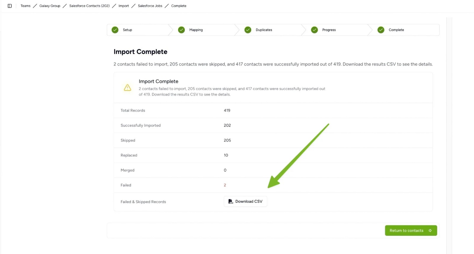 Import summary screen in Contactzilla showing import results including skipped and failed records.