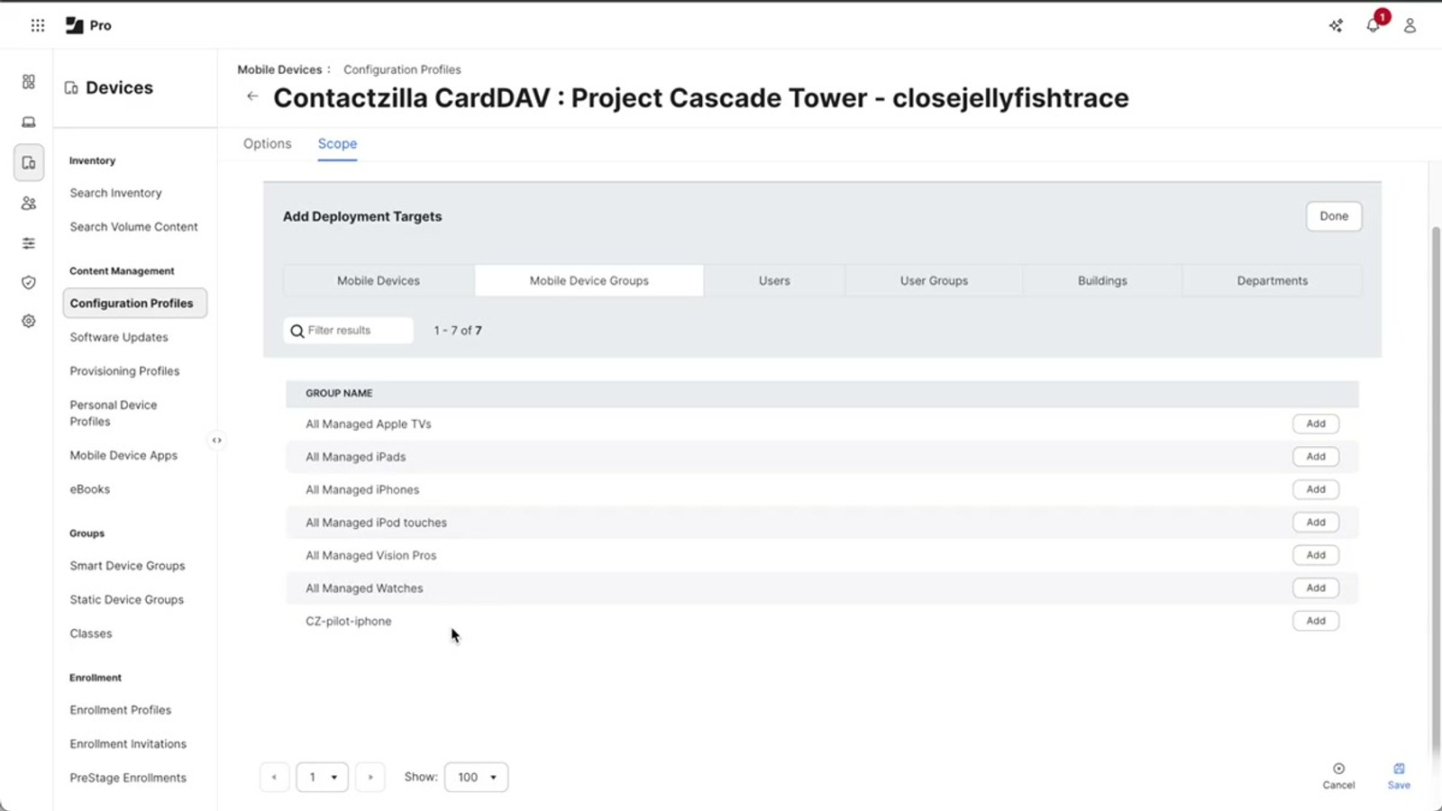 Jamf Pro device management tab showing the Send Blank Push button for forcing immediate profile deployment