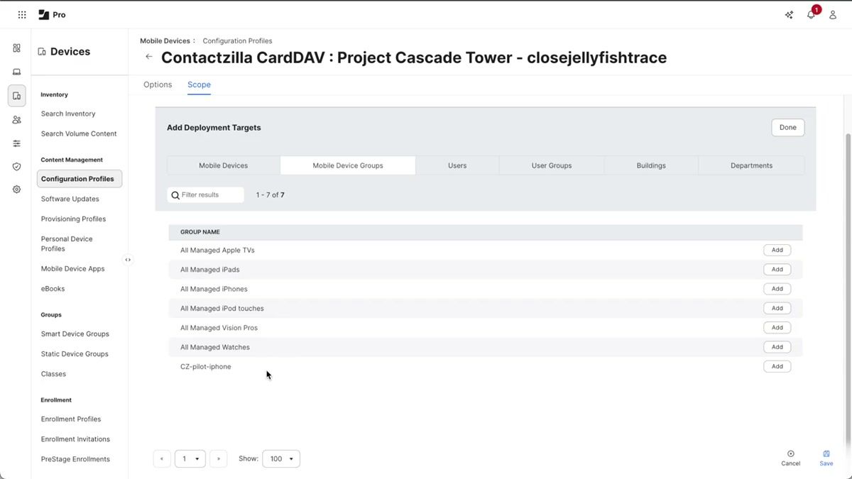 Jamf Pro device management tab showing the Send Blank Push button for forcing immediate profile deployment