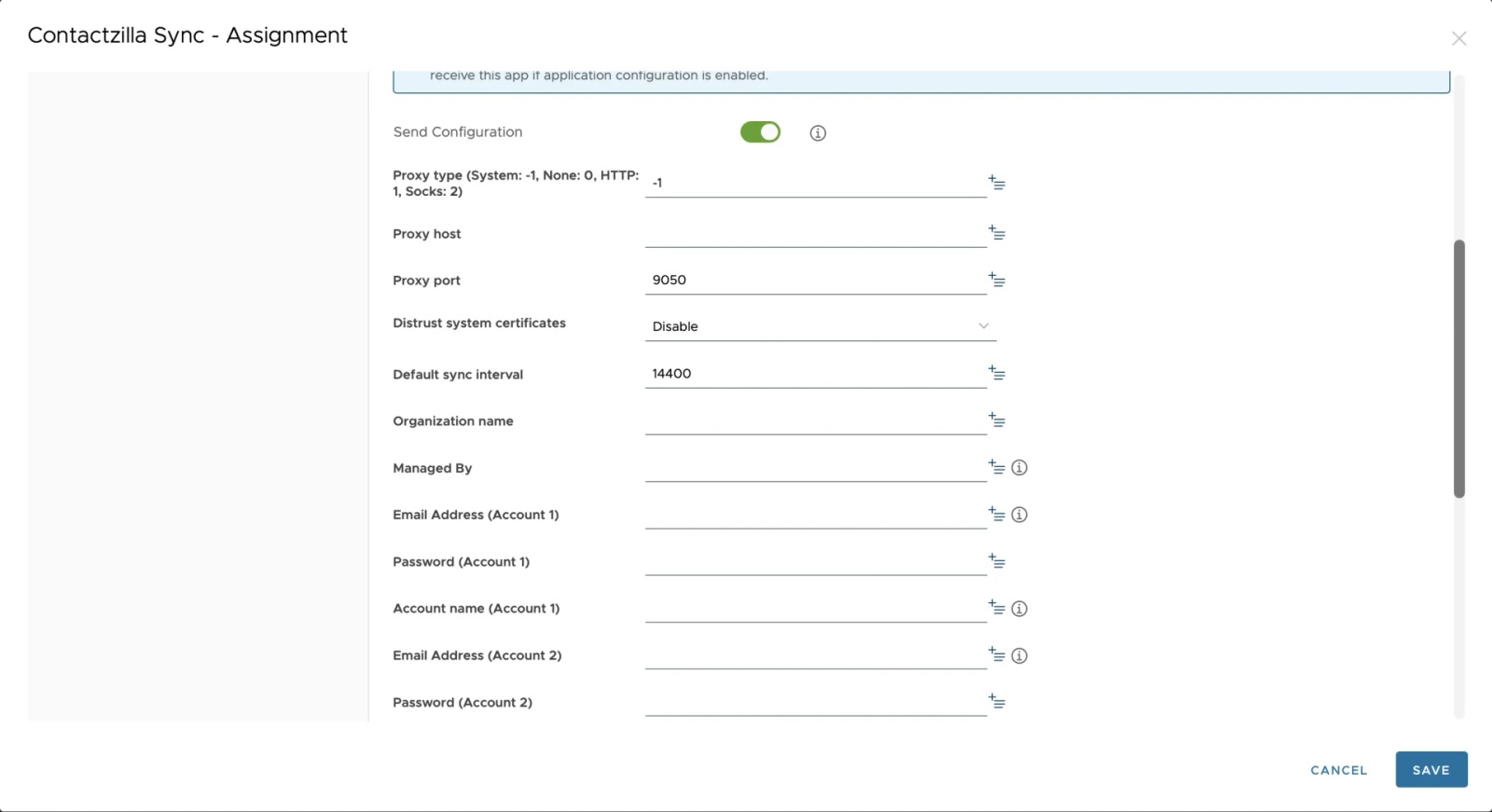 Workspace ONE Contactzilla Sync configuration fields for CardDAV settings including proxy, sync interval, and account details.