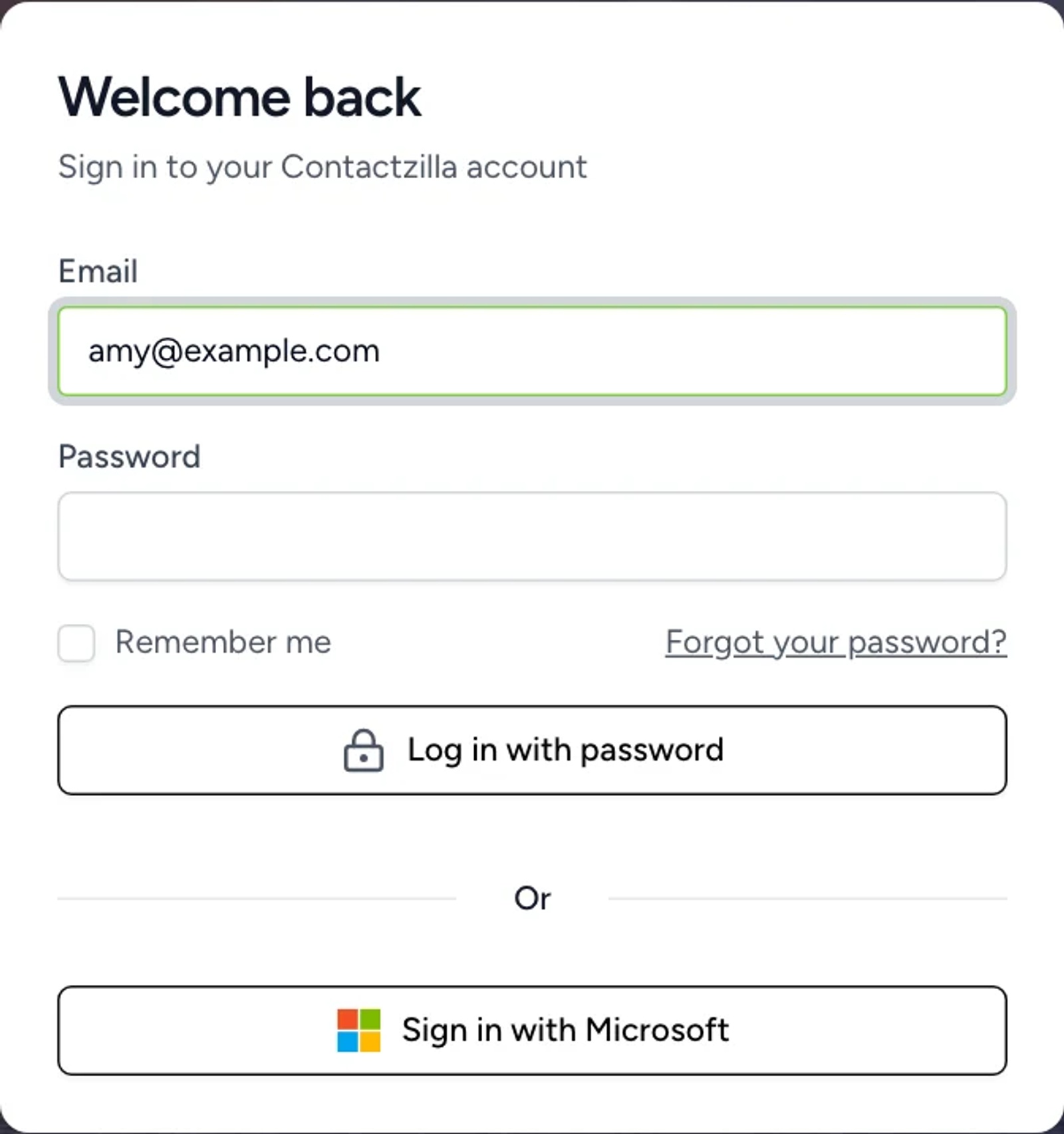 Contactzilla login page for a member's work email, showing a password box and a Sign in with Microsoft button.