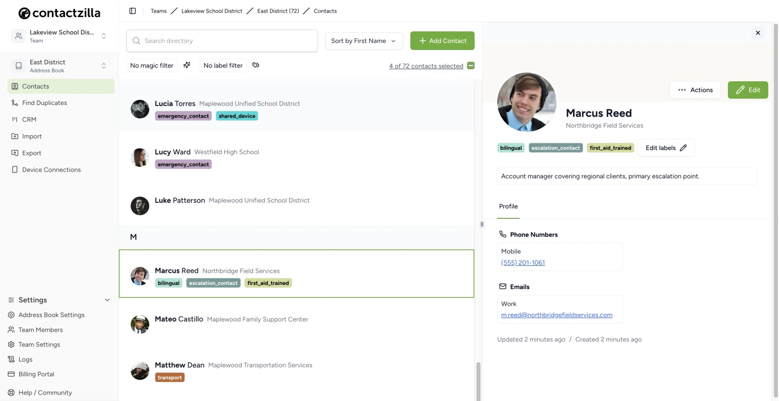 Marcus Reed's contact record in Contactzilla's East District address book after the change was applied, showing his labels and details newly created there.