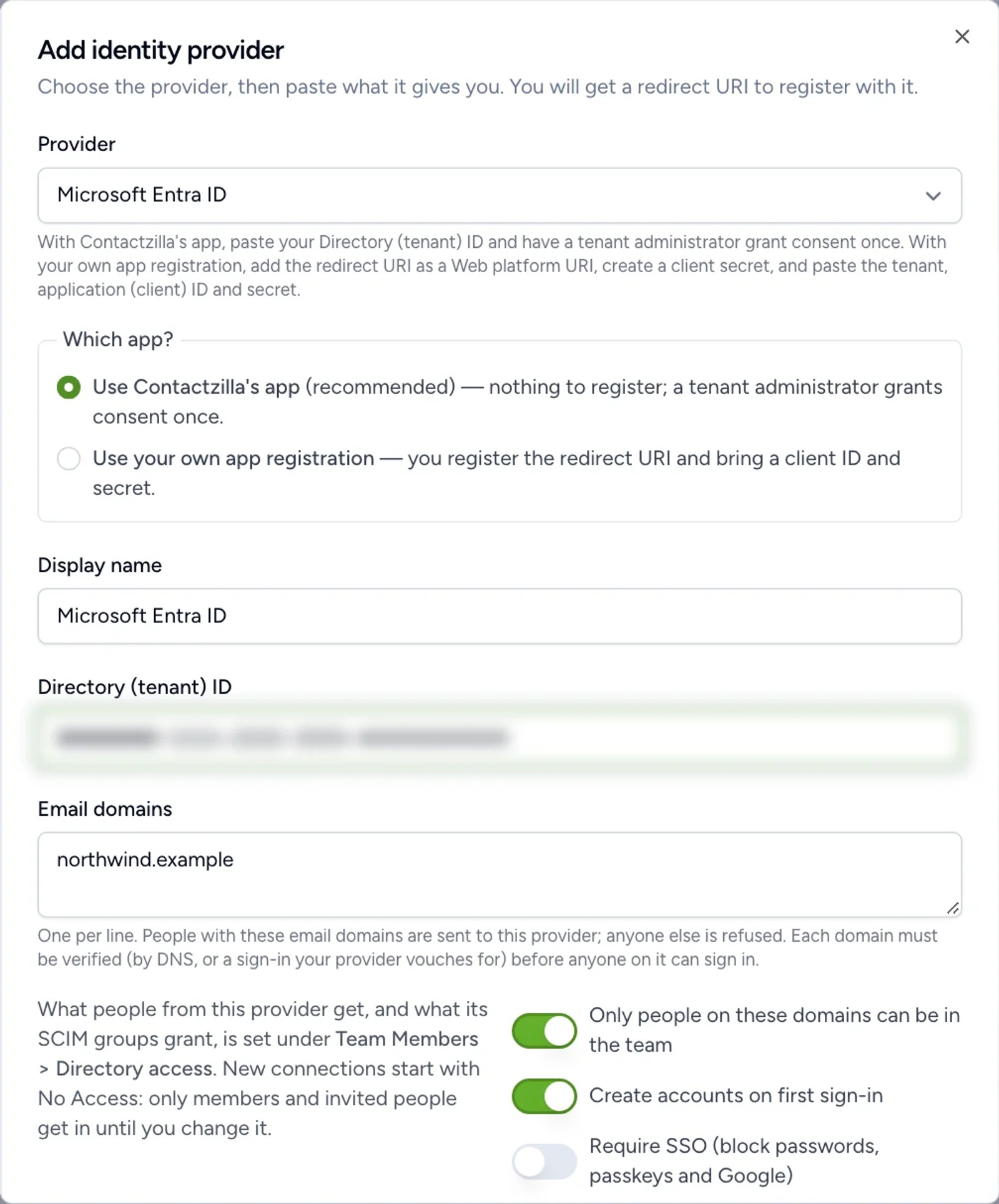 Add identity provider dialog in Contactzilla with Microsoft Entra ID and Use Contactzilla's app selected; tenant ID blurred.