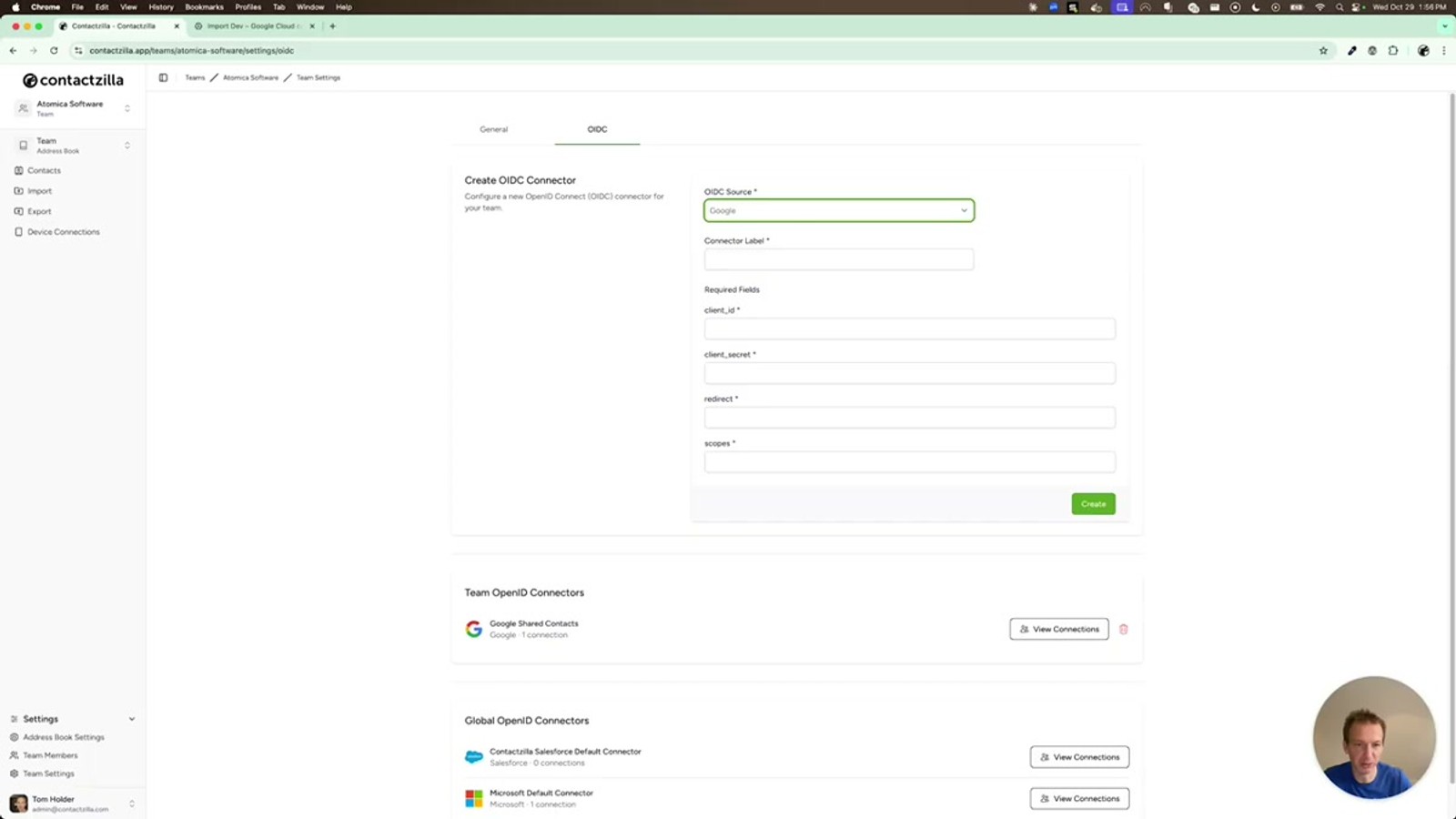 Contactzilla Team Settings screen showing the OIDC connectors tab with existing connectors listed