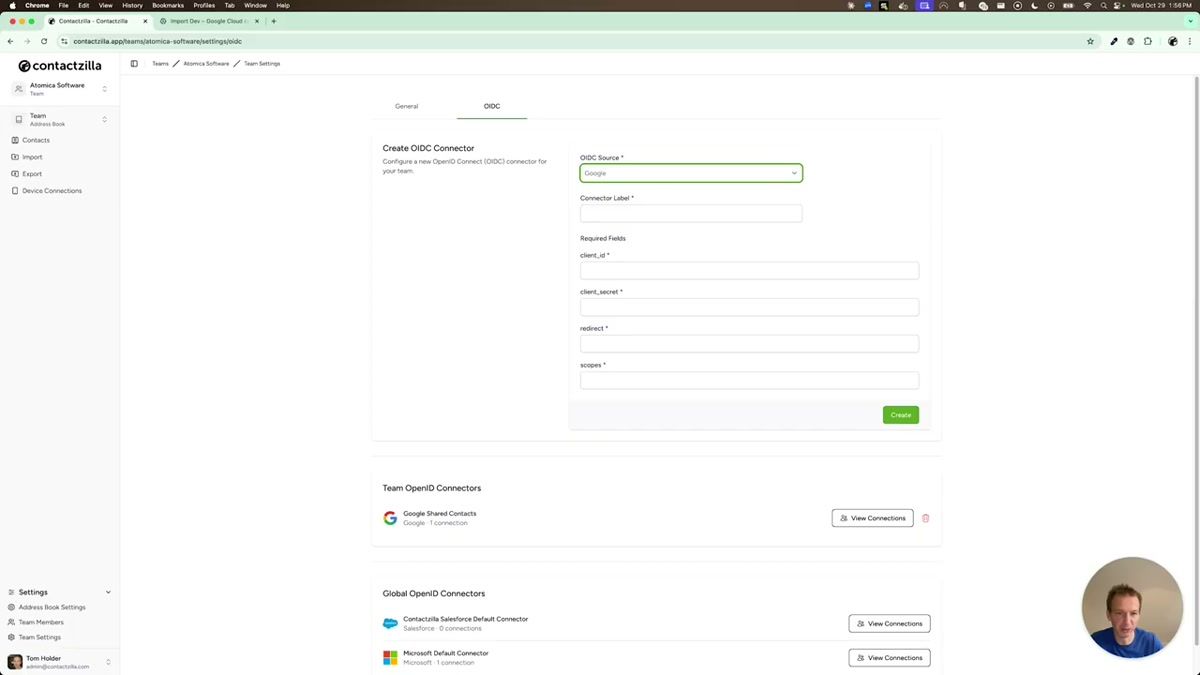 Contactzilla Team Settings screen showing the OIDC connectors tab with existing connectors listed