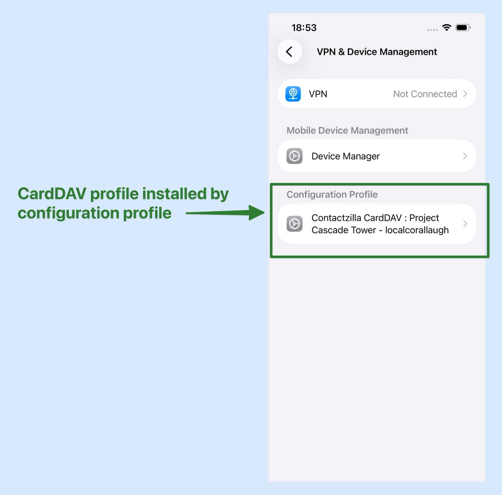 iPhone VPN and Device Management screen showing a Contactzilla CardDAV configuration profile installed on the device.