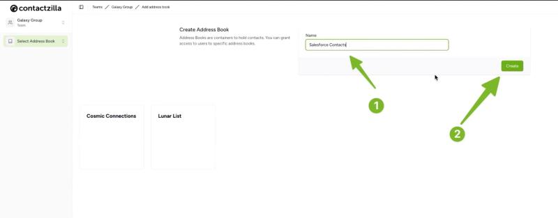 Creating a new address book in Contactzilla and naming it “Salesforce Contacts”.