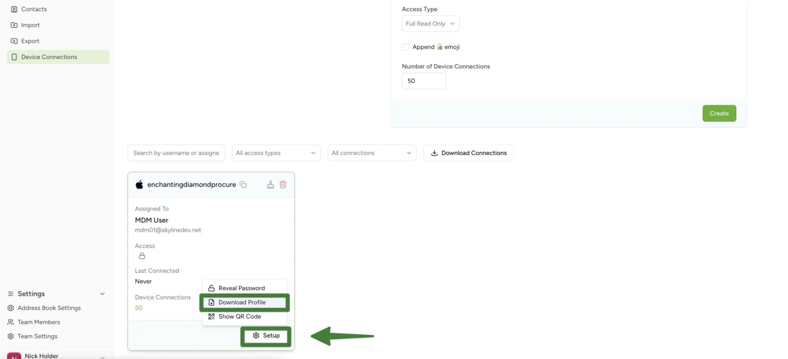 Downloading the Contactzilla .mobileconfig file from the Device Connections panel for MDM deployment.