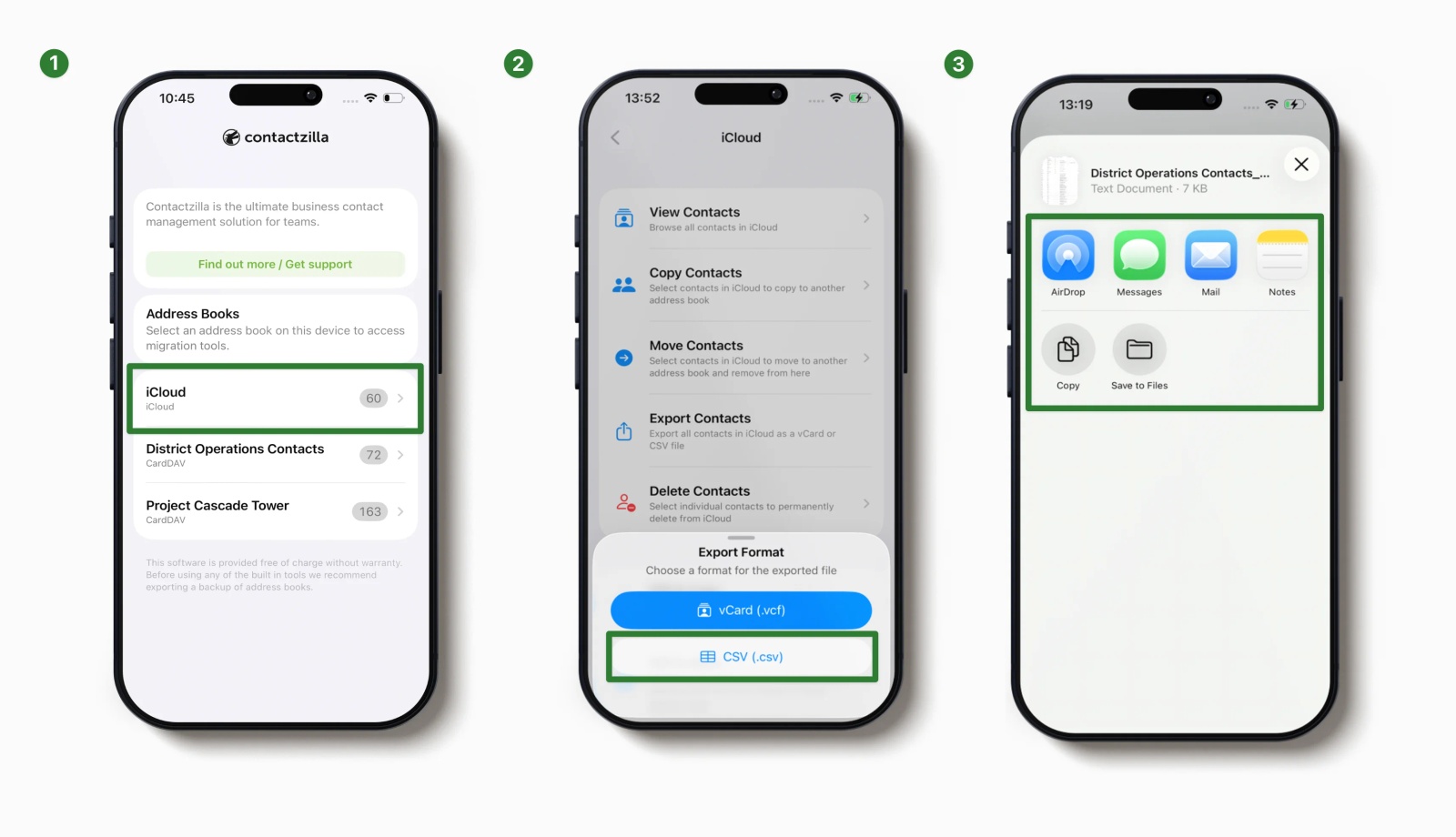 Contactzilla Migration Tools showing three steps to export iPhone contacts from an address book as a CSV file.