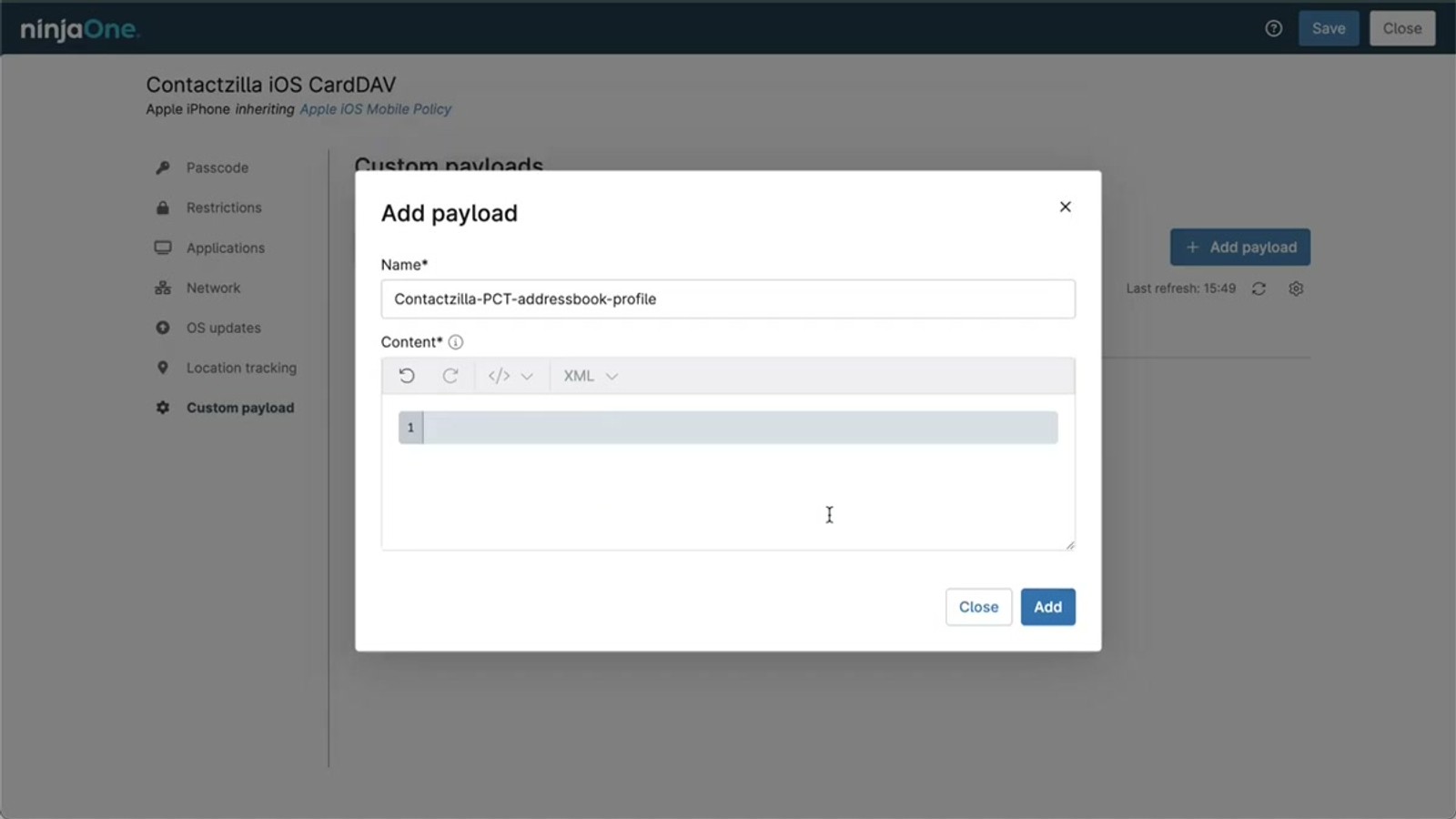 NinjaOne custom payload editor showing the mobileconfig XML content pasted into the editor field