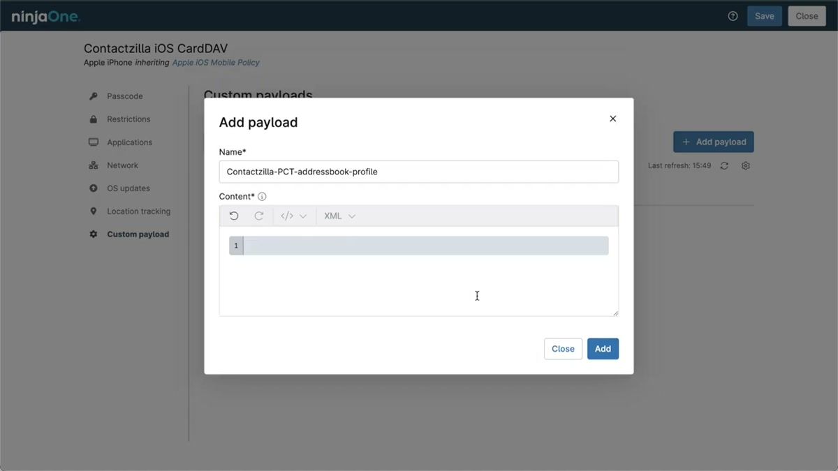 NinjaOne custom payload editor showing the mobileconfig XML content pasted into the editor field