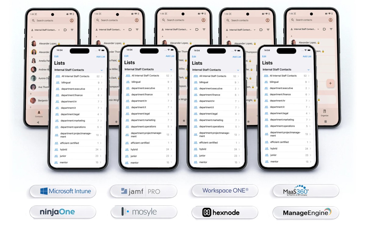 Rows of iPhones and Android phones showing the same shared company contact lists, with the logos of Microsoft Intune, Jamf Pro, Workspace ONE, MaaS360, NinjaOne, Mosyle, Hexnode and ManageEngine below.