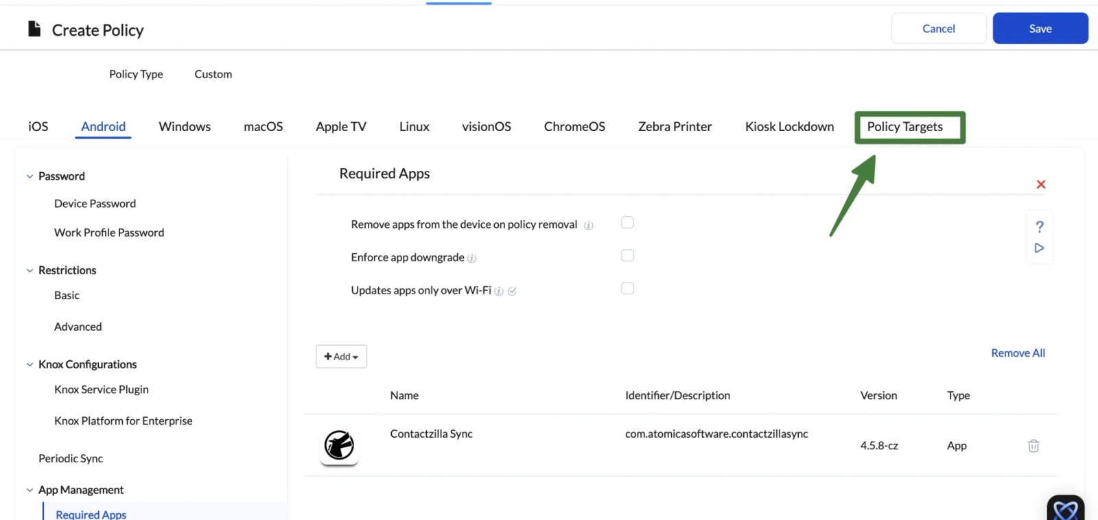 Hexnode policy editor showing the Policy Targets tab highlighted to assign the Contactzilla Sync policy to devices.