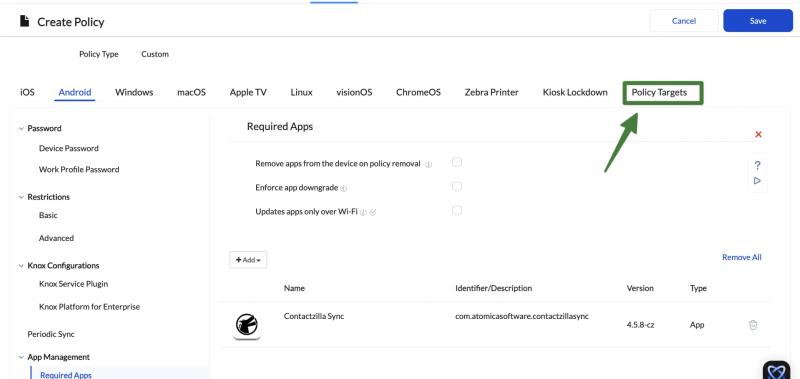 Hexnode policy editor showing the Policy Targets tab highlighted to assign the Contactzilla Sync policy to devices.