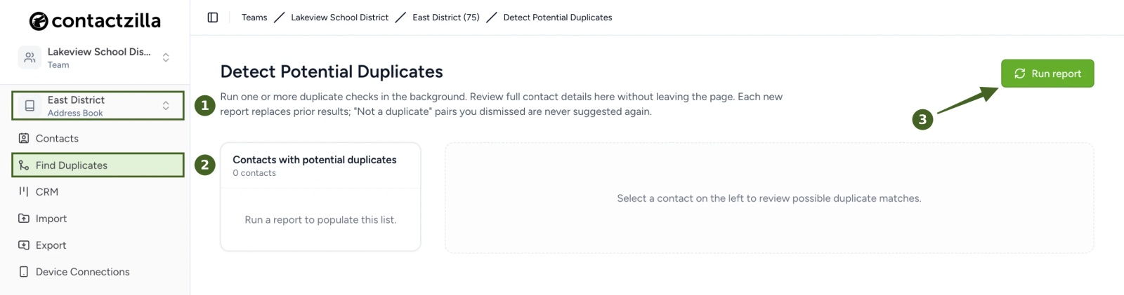 Contactzilla Detect Potential Duplicates page for the East District address book, opened from Find Duplicates in the left menu, with the Run report button at the top right.