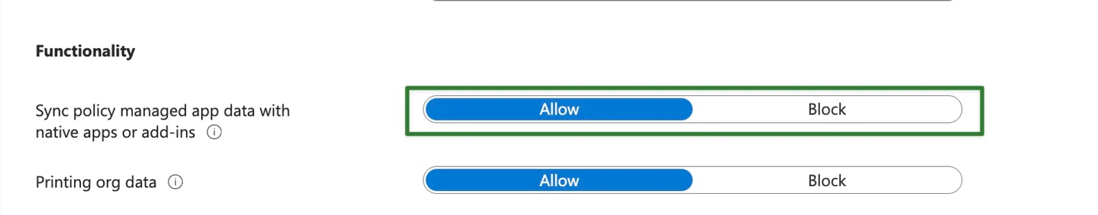 Allow and Block options for the Intune native apps sync setting.