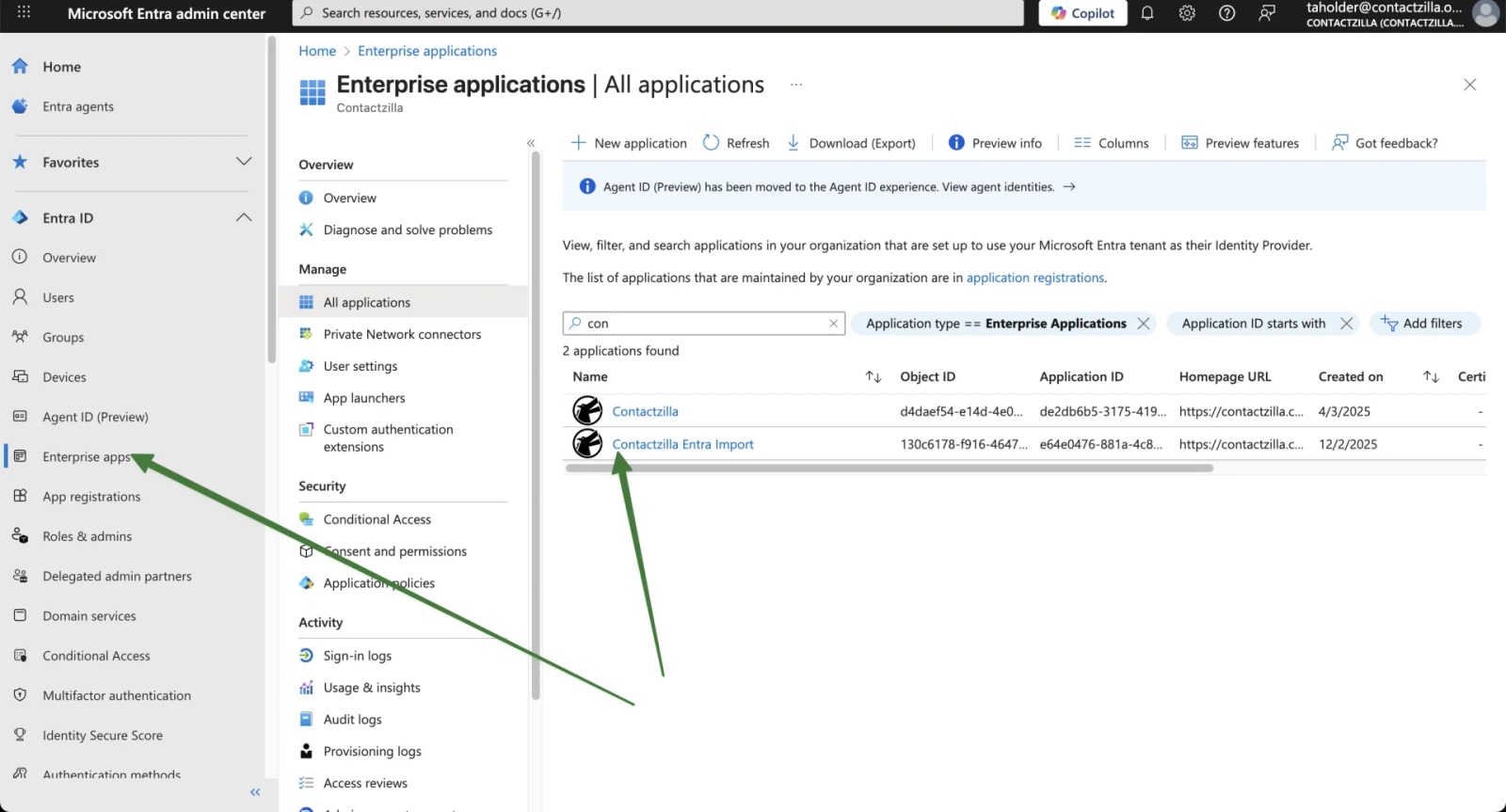 Microsoft Entra admin center showing Enterprise Applications list with Contactzilla Entra Import selected