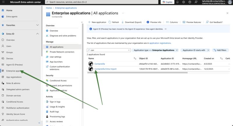 Microsoft Entra admin center showing Enterprise Applications list with Contactzilla Entra Import selected