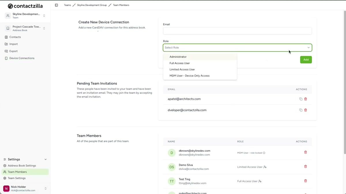 Contactzilla team members screen showing how to add an MDM user with device-only access