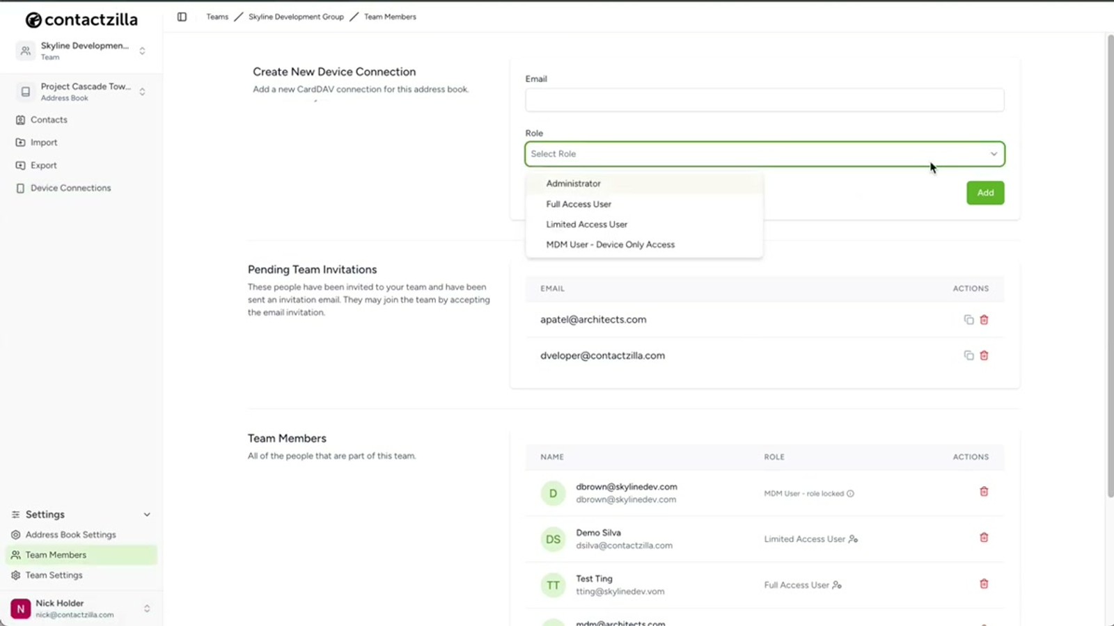 Contactzilla team members screen showing how to add an MDM user with device-only access