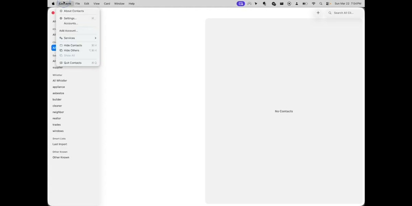 Mac Contacts app showing the synced Contactzilla address book with three contacts