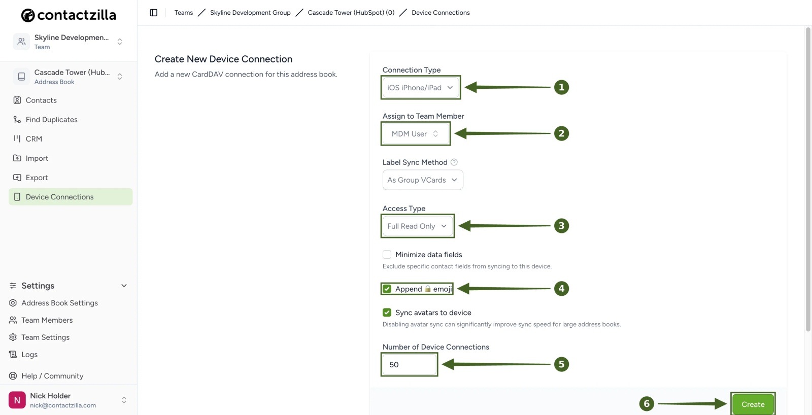 Contactzilla Create New Device Connection form set to iOS, an MDM user, Full Read Only, lock emoji and 50 device connections