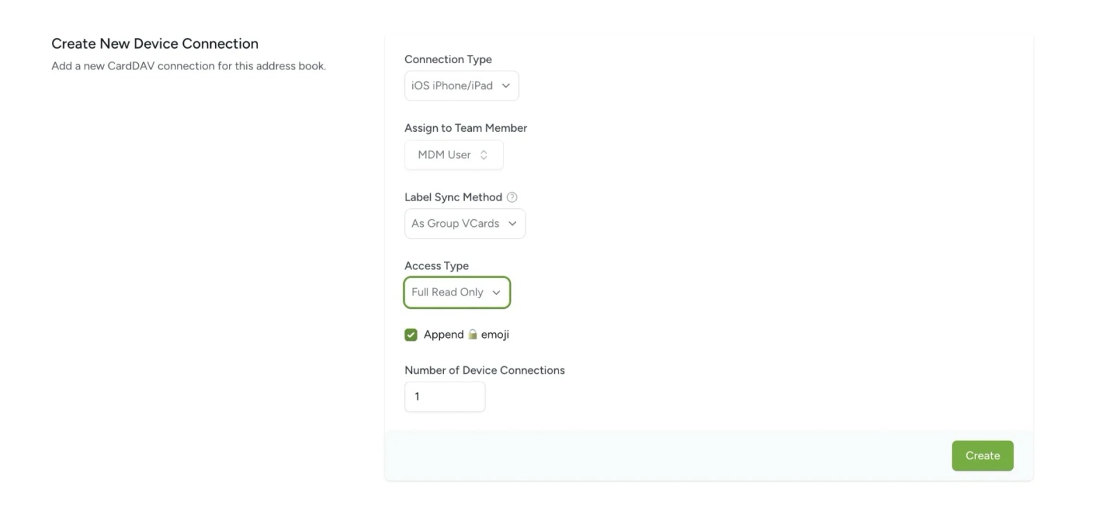 Contactzilla interface showing a read only device connection being setup with the option to append a lock emoji next to each contact ticked.