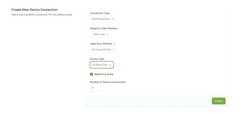 Contactzilla interface showing a read only device connection being setup with the option to append a lock emoji next to each contact ticked.