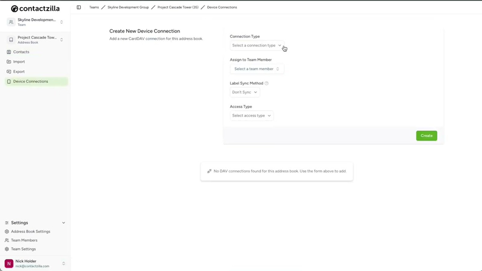 Contactzilla dashboard showing the Device Connections screen with iOS selected as the connection type