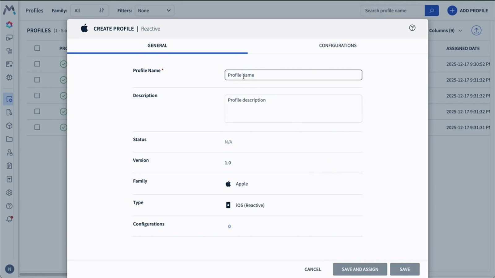SOTI MobiControl profile creation screen showing Apple iOS selected with reactive profile option