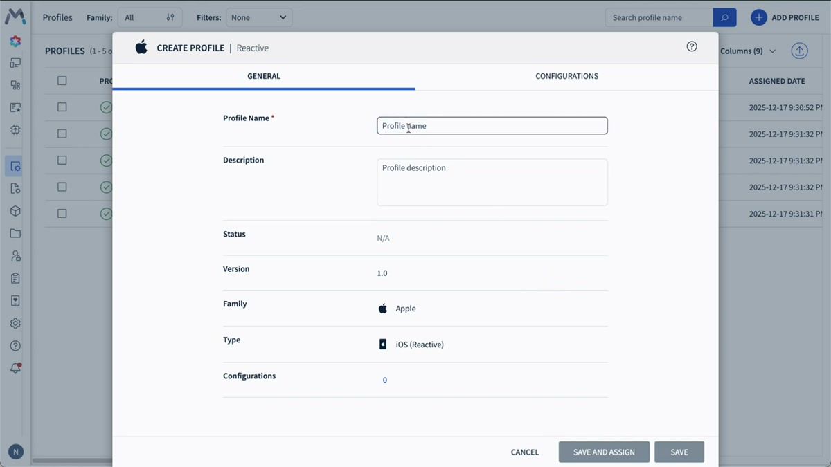 SOTI MobiControl profile creation screen showing Apple iOS selected with reactive profile option