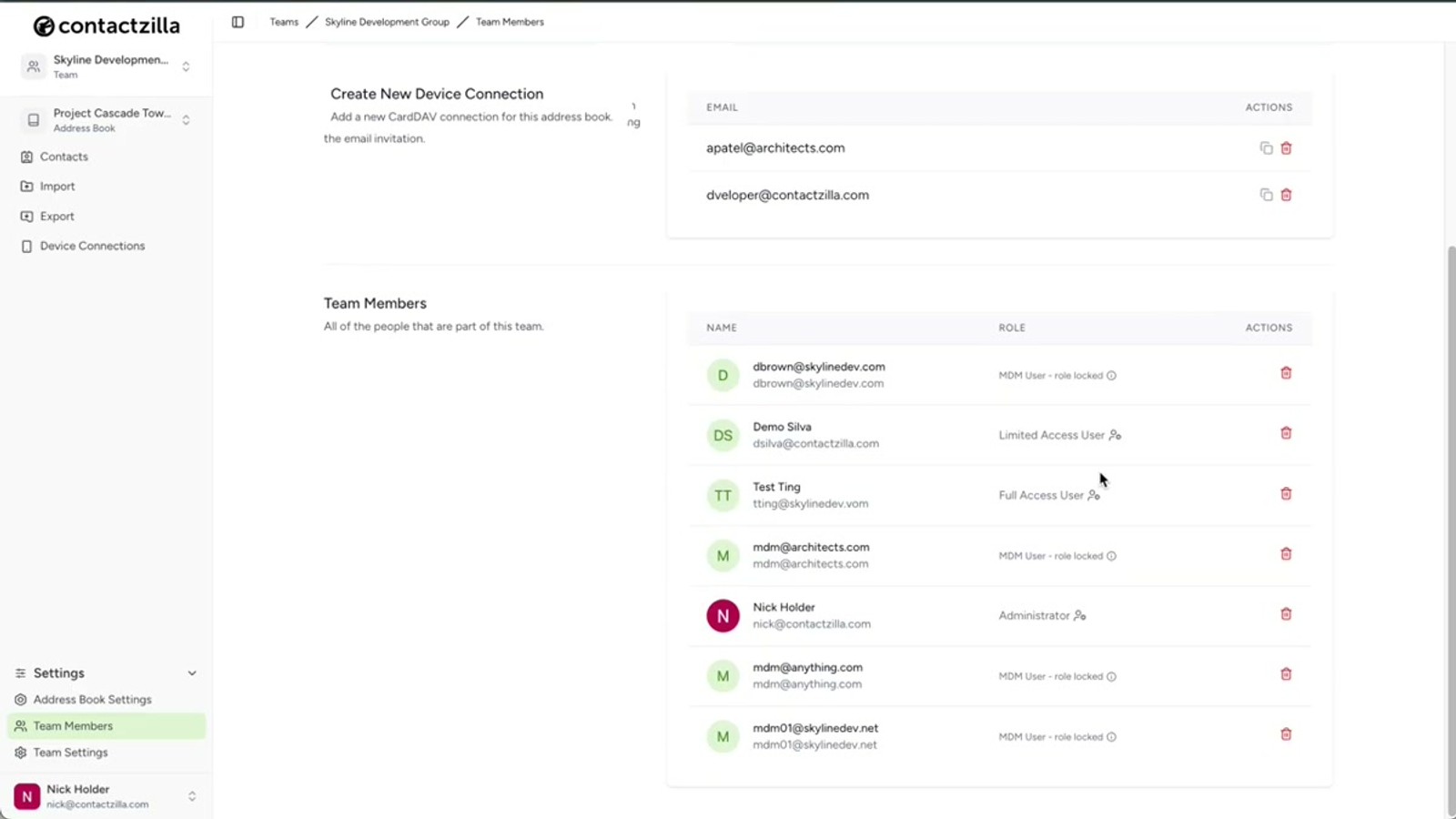 Contactzilla team members screen showing an MDM user being created with device-only access