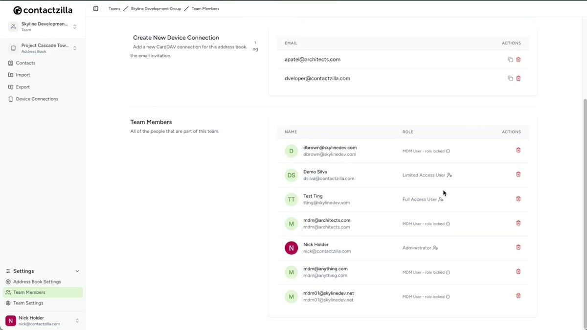 Contactzilla team members screen showing an MDM user being created with device-only access