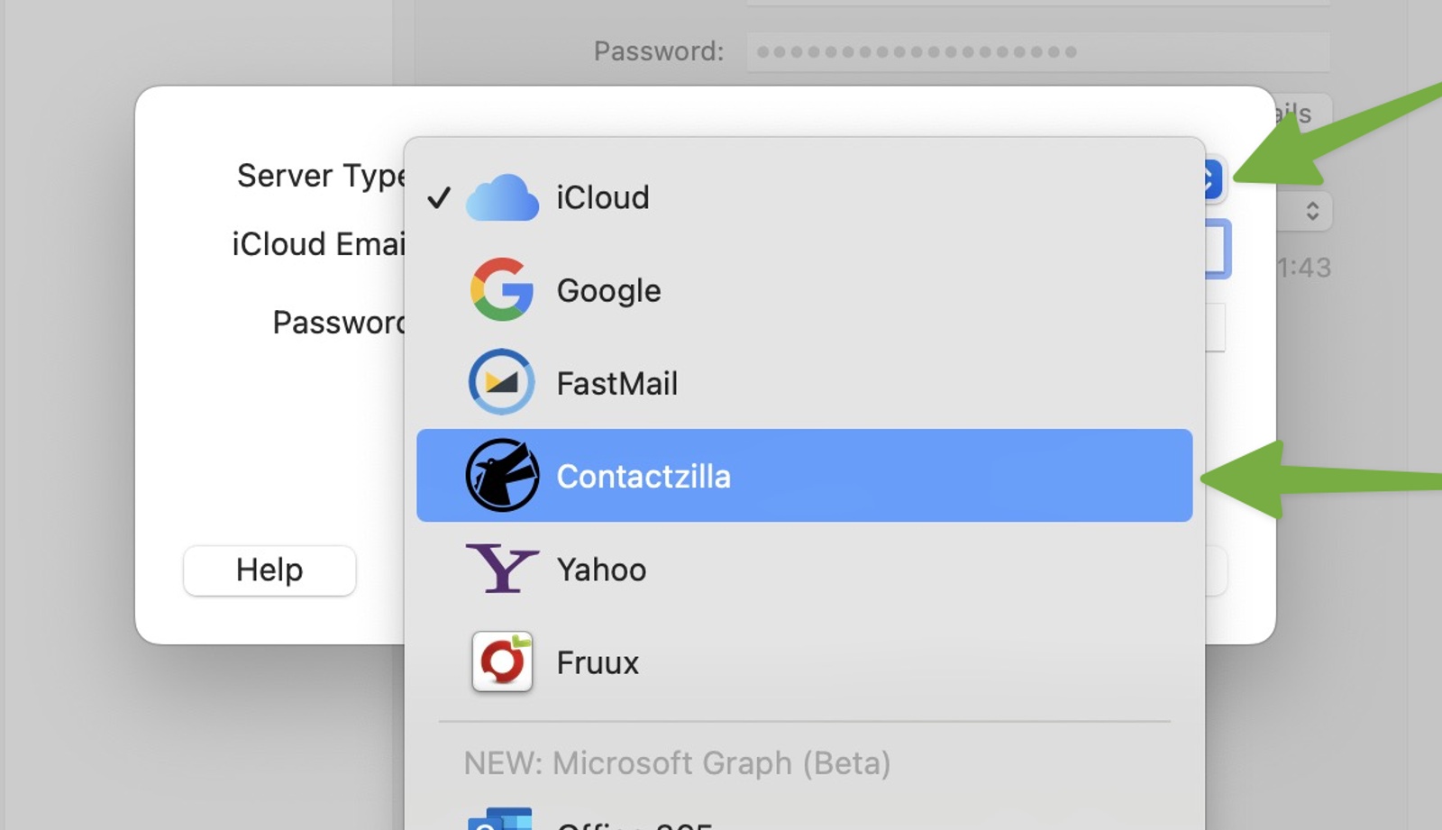 A screenshot of the account setup dialog in BusyContacts on macOS. Two green arrows indicate steps: the top arrow points to the server type dropdown, and the lower arrow highlights “ContactZilla” selected from the list of account types, which includes options like iCloud, Google, FastMail, Yahoo, and Fruux.