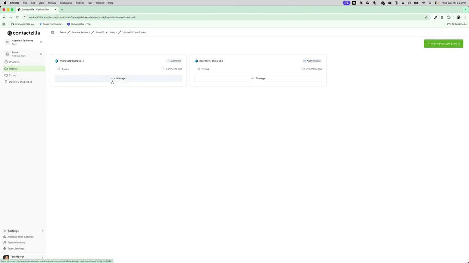 Microsoft Entra ID import detail screen showing the Clear Saved Mapping button and run history