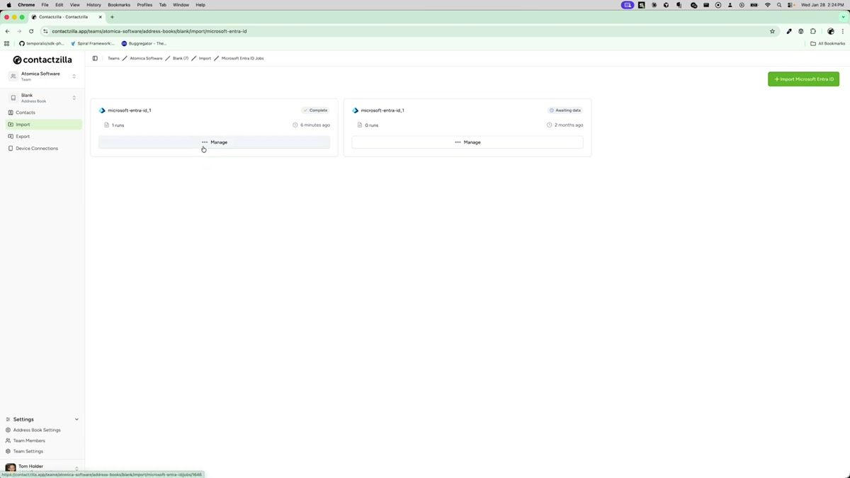 Microsoft Entra ID import detail screen showing the Clear Saved Mapping button and run history