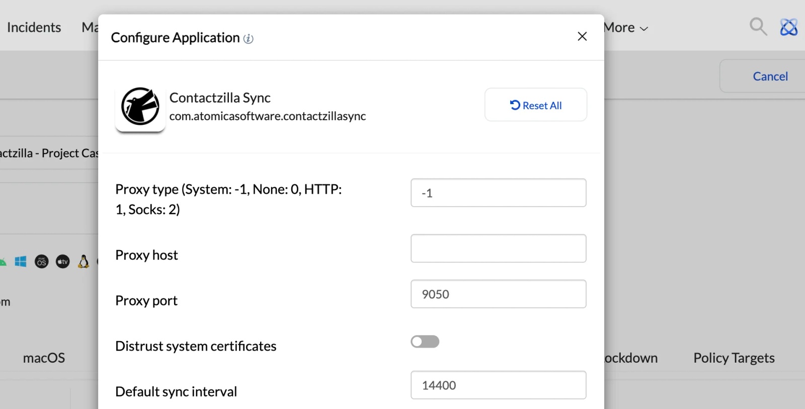 Contactzilla Sync Configure Application screen showing proxy and sync interval fields left at default values before entering account-specific details.