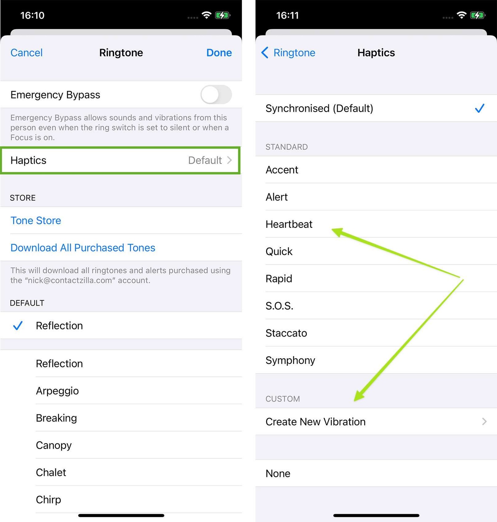 Assigning a custom vibration to a contact.