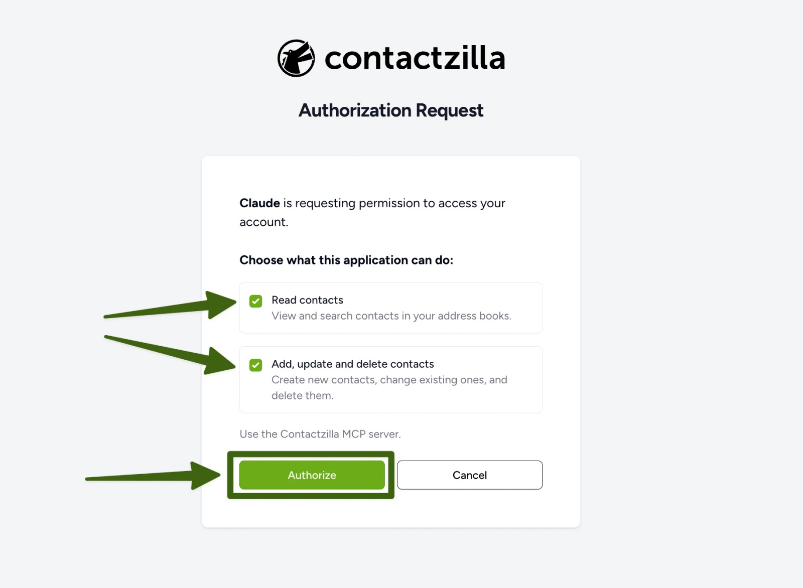 Contactzilla authorization request screen asking which permissions to grant Claude: Read contacts, and Add, update and delete contacts, with an Authorize button.