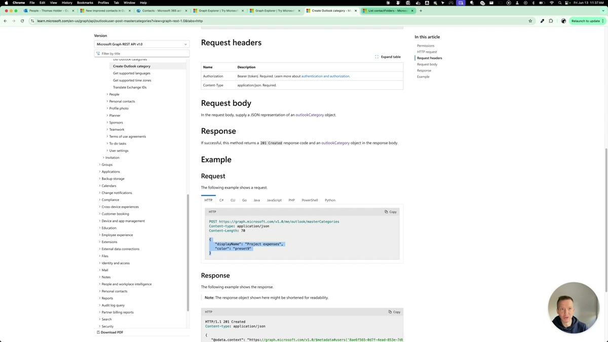 Side-by-side comparison showing contact folders in Outlook Web appearing as categories in Outlook Desktop