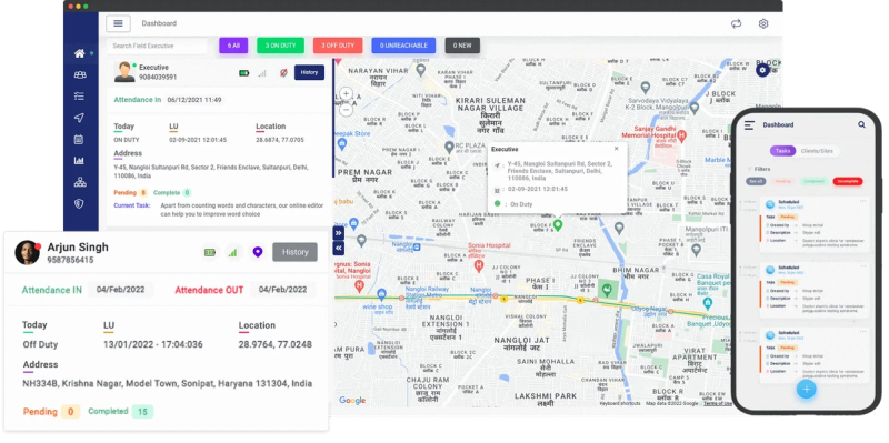 TrackoField's intuitive dashboard displaying real-time field technician locations and job statuses