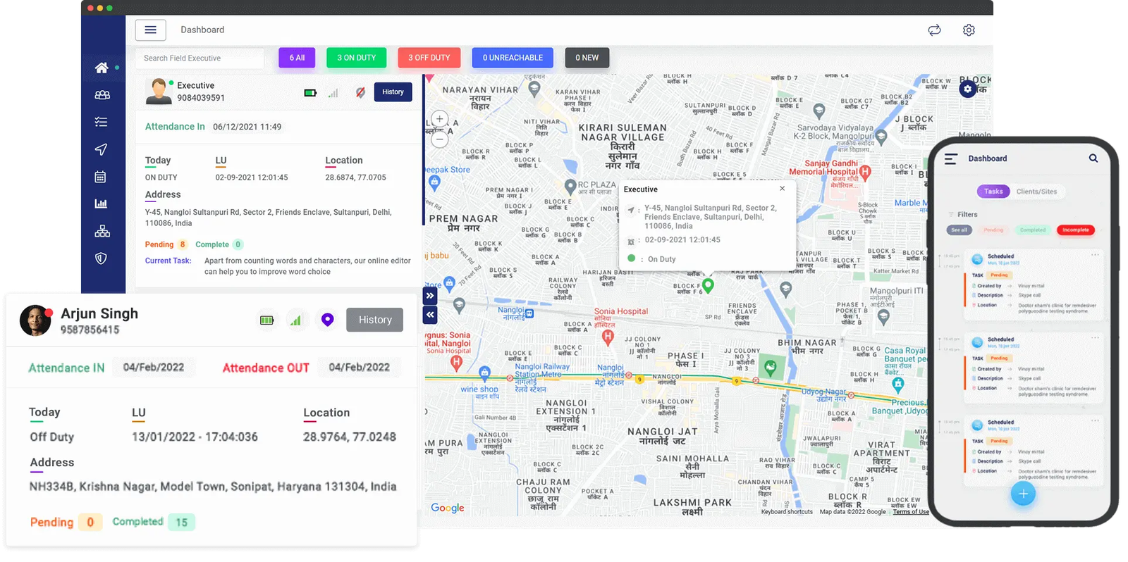 TrackoField's intuitive dashboard displaying real-time field technician locations and job statuses
