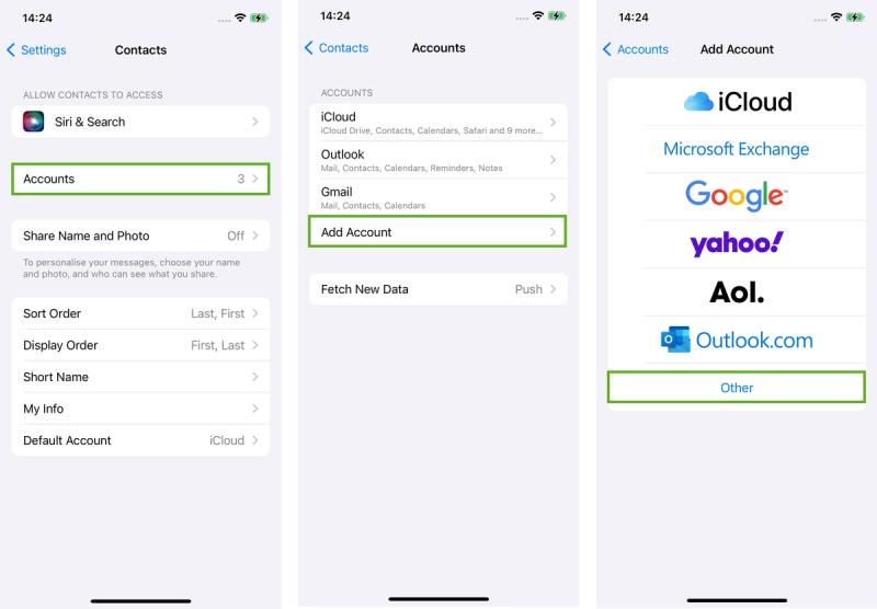 Preparing to add a CardDav account to iPhone contacts.