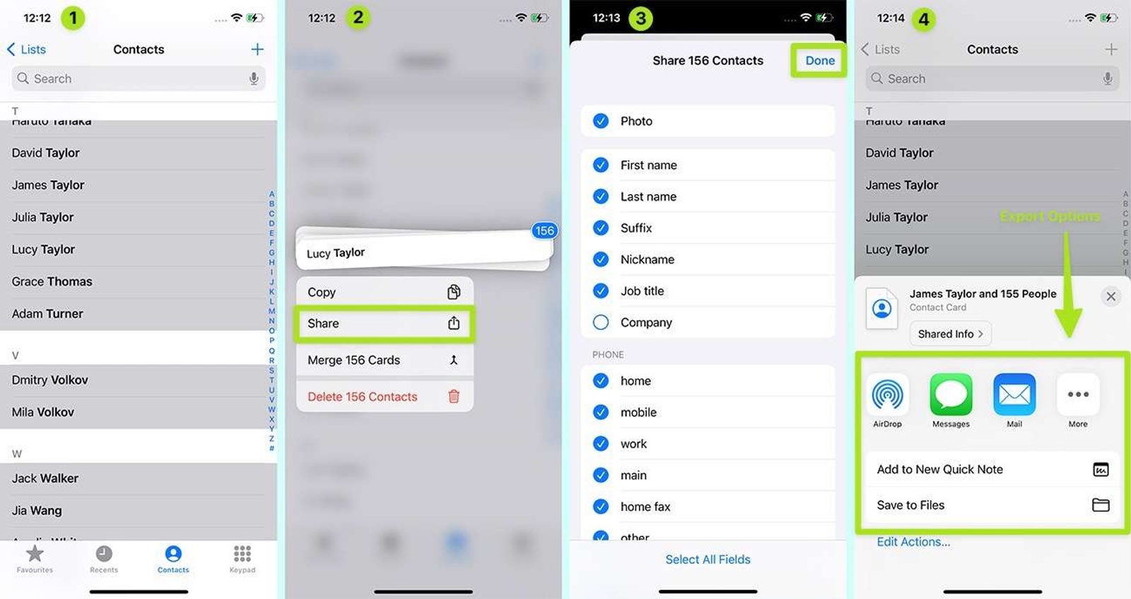A series of screenshots showing how to export your contacts from iPhone to a VCF file.