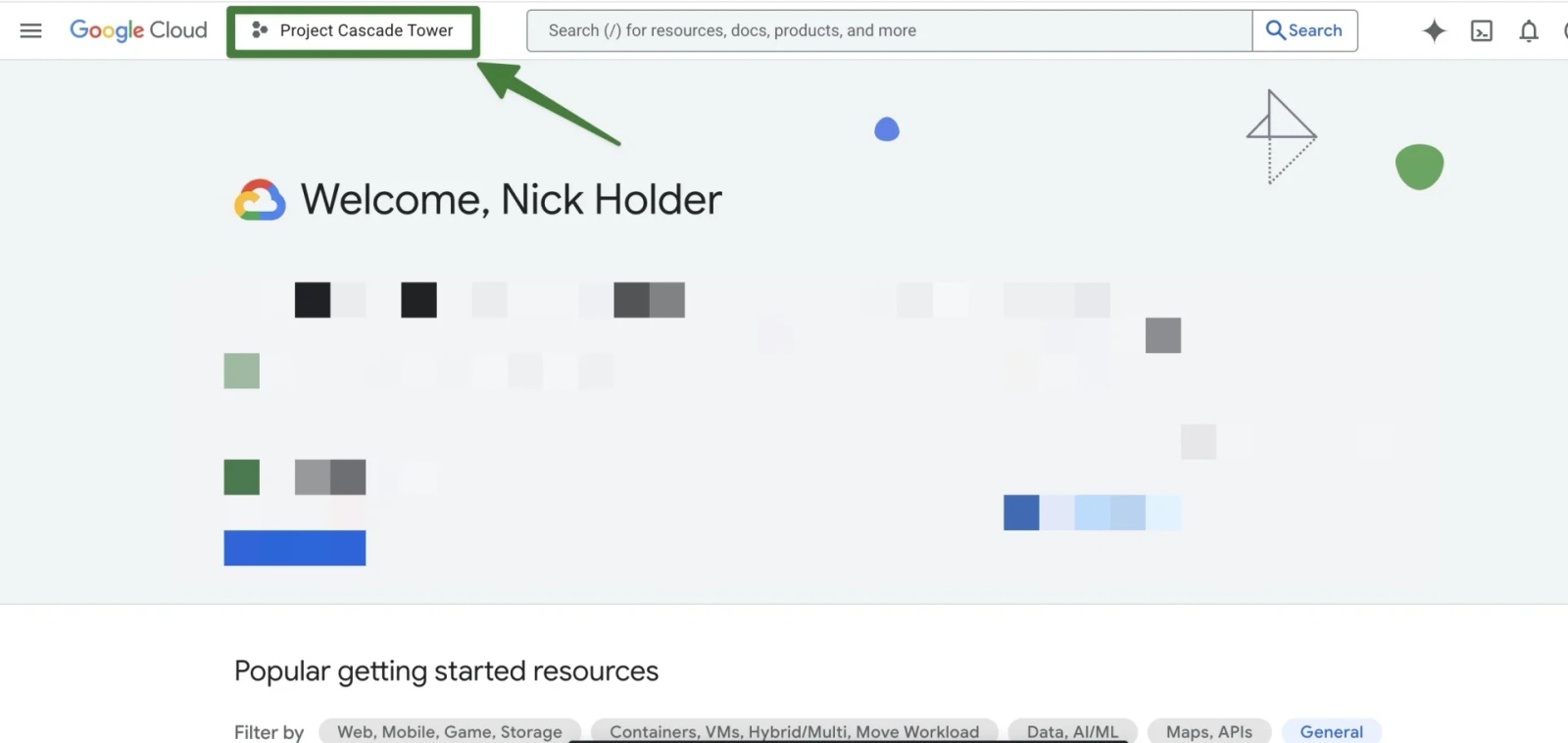Google Cloud Console home screen highlighting the project selector used to switch or create a new Cloud Project.