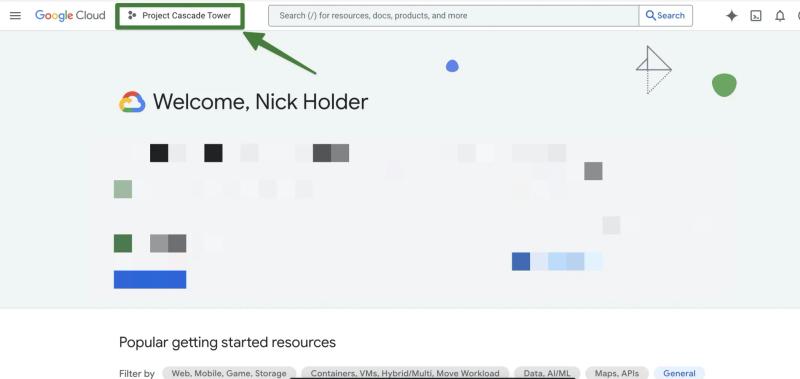 Google Cloud Console home screen highlighting the project selector used to switch or create a new Cloud Project.