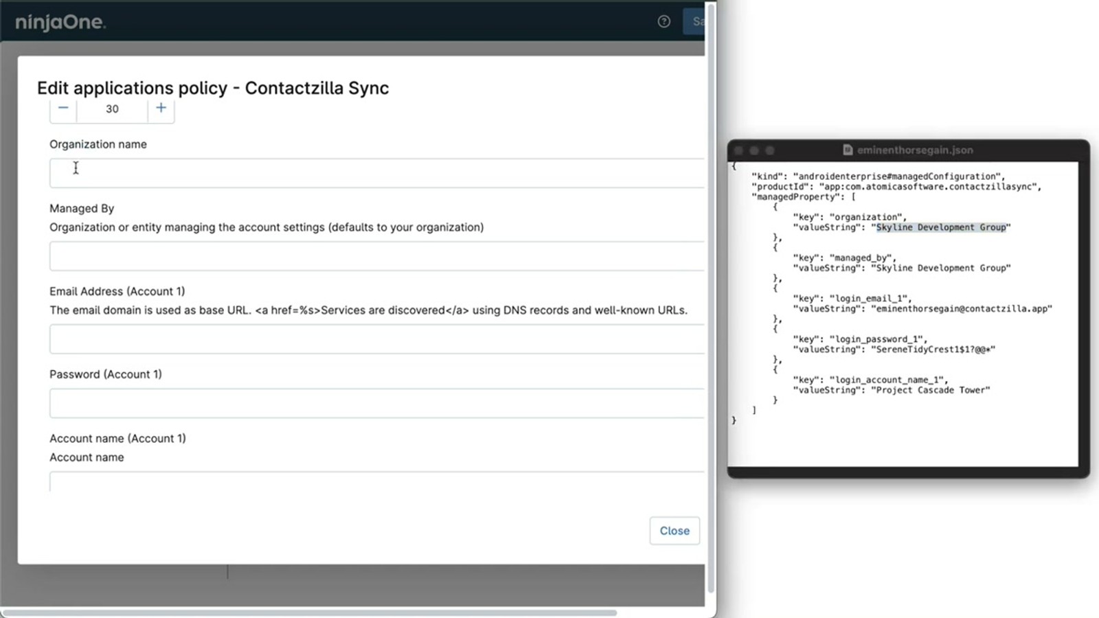 NinjaOne MDM policy screen showing the Managed Google Play store with Contactzilla Sync app in search results